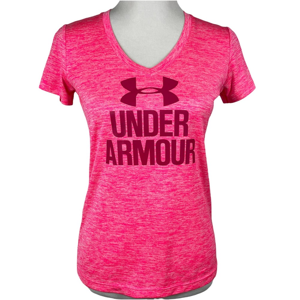UA Tech Graphic V-Neck T-Shirt Women Small Pink Run Workout Gym Top Under Armour